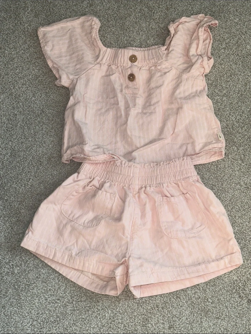 Kids Pink Two-Piece Top & Shorts Set Pinstripe with Pink and Khaki